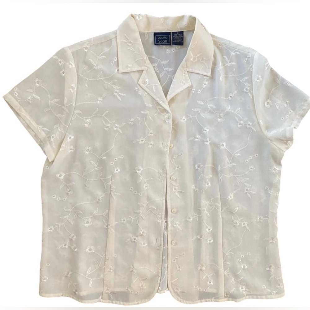 cream floral embroidered button up short sleeve - Picture 1 of 4
